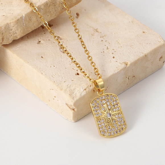 Stainless Steel Eight-Pointed Star Simulated Diamond Gold Pendant Necklace - Picture 1 of 5